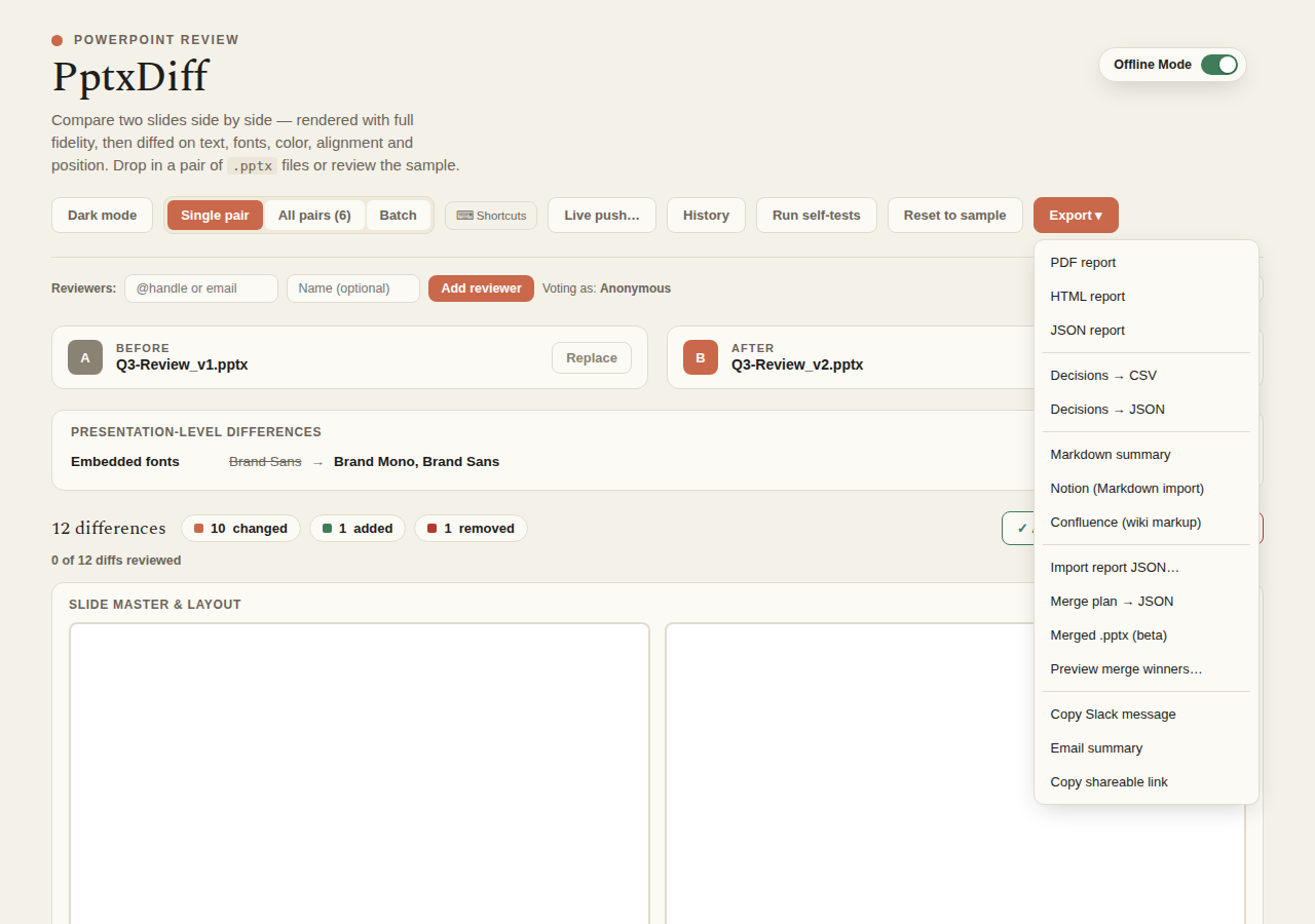 The Export ▾ dropdown menu, showing all available formats