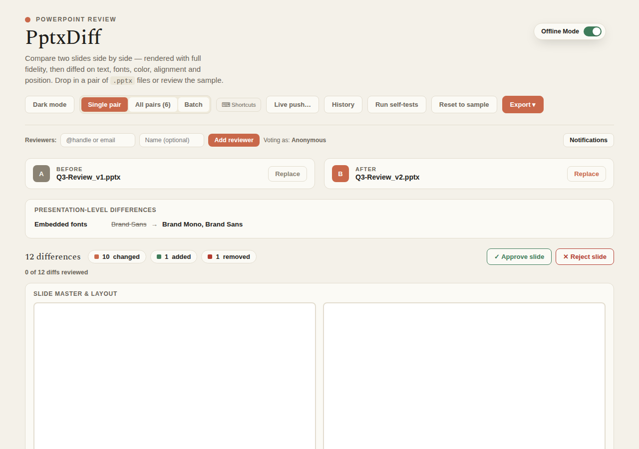 PptxDiff on first load, showing the sample deck's single-pair view